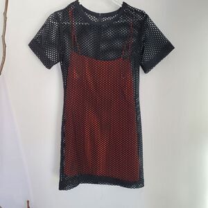 Sandra Paris mesh black tshirt dress orange slip dress liner